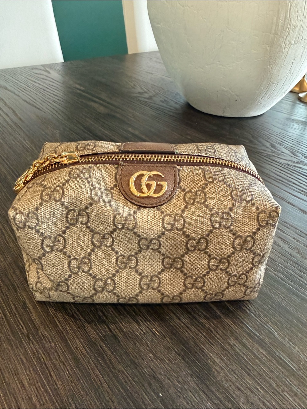Gucci Brown GG Supreme Cosmetic Pouch with Gold Double G